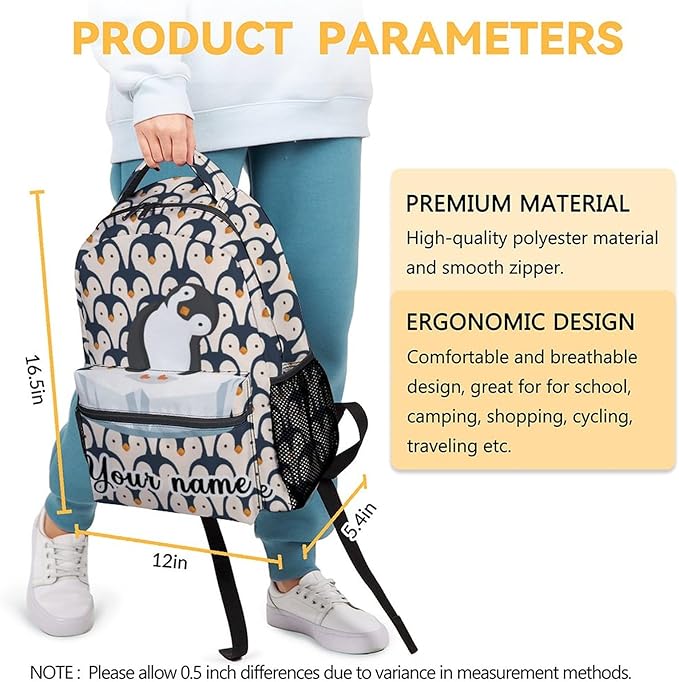 COOPASIA Personalized Cute Penguin Backpack, 16 Inch Animal Theme Bookbag with Adjustable Straps, Durable, Lightweight, Large Capacity, School Backpack for Kids Girls Boys