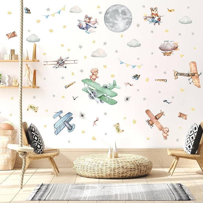 Vintage Airplane Wall Decals Cartoon Aircraft Balloon Animal Wall Stickers Moon Star Cloud Fabric Wall Stickers Cute Helicopter Watercolor Plane Wall Decals for Boys Room Kids Bedroom Nursery Decor