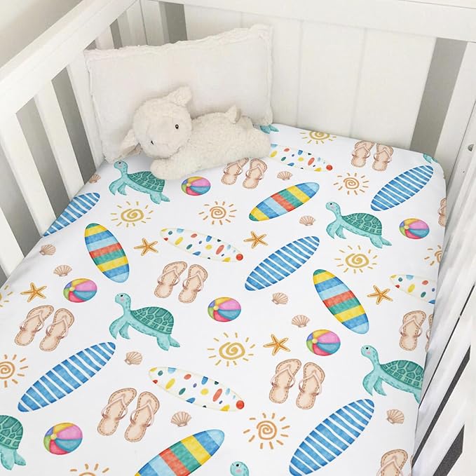 Boho Summer Beach Surf Baby Crib Sheet 52''x28'' Colorful Surfboard Sun Turtles Stretchy Fitted Crib Mattress Sheet for Boy Girl Holiday Soft Baby Bed Sheets for Standard Crib and Toddler Mattress
