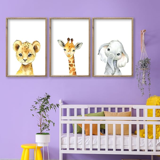 Baby Safari Nursery Wall Art Decor 24x16 Inch Set of 3 Wood Framed Cute Animal Giraffe Elephant Lion Prints Sign Kids Boys Girls Room Bedroom Jungle Animal Pictures Wall Hanging (Wood)