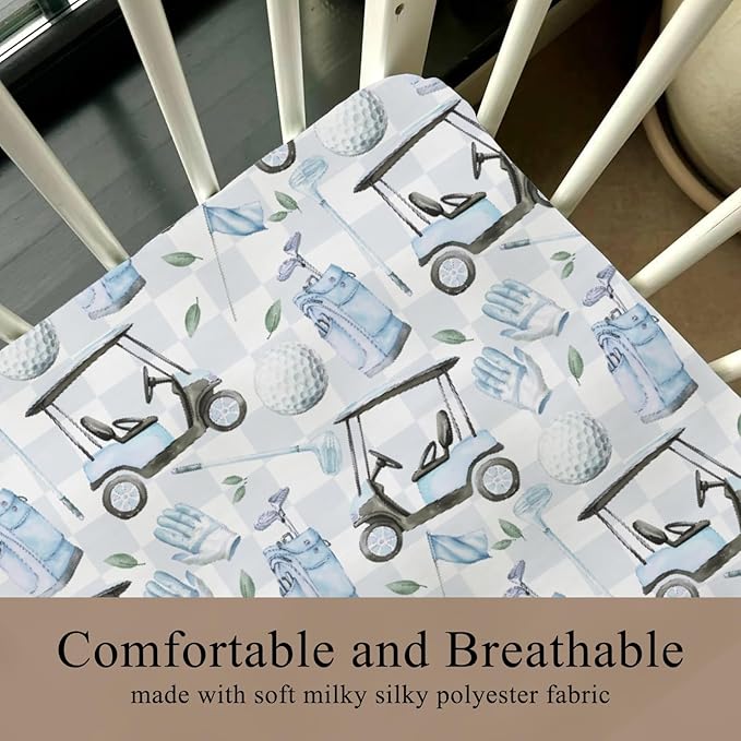 Golf Cart Gloves Bag Flag Blue Plaid Baby Crib Sheet for Boys Girls 52x28Inch Golfing Gear Sport Baby Sheet for Standard Crib and Toddler Bed Mattress Golfs Lovers Gift Nursery Bed Mattress
