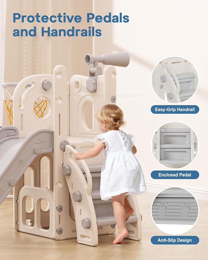 Babytronic Toddler Slide, 6 in 1 Kids Indoor Slide for Toddlers 1-3, Baby Indoor and Outdoor Climber Playset, Kids Slide with Basketball Hoop and Telescope, Toddler Outdoor Playground(White&Gray)