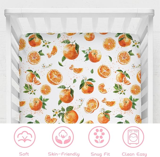 Watercolor Oranges Baby Crib Sheets 52''x28'' Retro Oranges Floral Leaves Stretchy Fitted Crib Mattress Cover for Boy Girl Boho Summer Fruits Soft Bed Sheets for Standard Crib Toddler Mattress