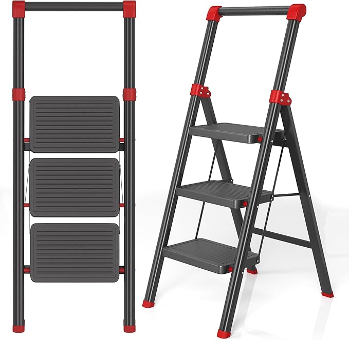3 Step Ladder, DIAMONDFORGE Folding Step Stool with Wide Anti-Slip Pedal, Anti-Slip Feet and Handgrip, Sturdiest Steel Construction, Steel Ladder for Home, Black Red