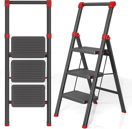 3 Step Ladder, DIAMONDFORGE Folding Step Stool with Wide Anti-Slip Pedal, Anti-Slip Feet and Handgrip, Sturdiest Steel Construction, Steel Ladder for Home, Black Red