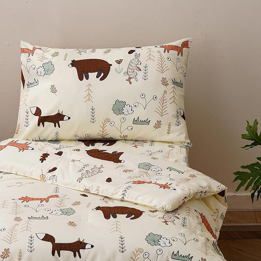 KAREVER Cartoon Toddler Bedding Set Bear Fox 4 Pieces Crib Bed Set Kids Cream Yellow Animal Print Comforter Set