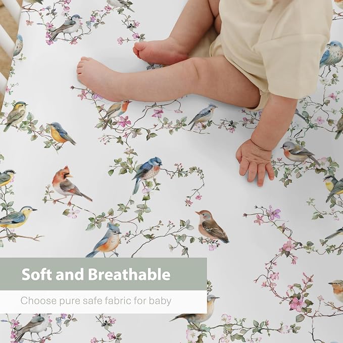 Watercolor Cute Birds Baby Crib Sheets for Boy Girl 52"x28" Spring Garden Bird Floral Leaves Soft Snug Fitted Crib Mattress Cover Sparrow Farmhouse Baby Sheet for Standard Crib and Toddler Mattress