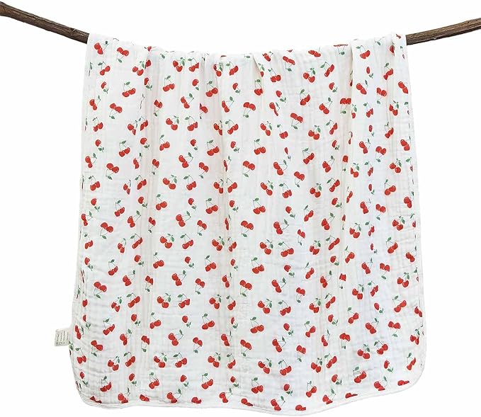 Pack of 2 Ultra Soft Muslin Baby Blankets for Girls Boys Breathable Lightweight Cotton Muslin Swaddle Blankets for Infant Toddler, Newborn Nursery Swaddling Wrap 43"X43" (Floral and Cherry)