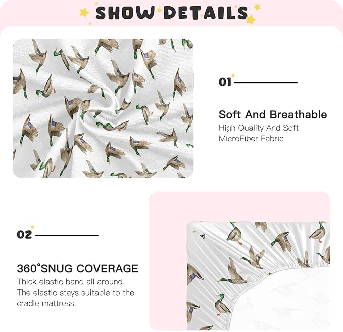 Fitted Crib Sheets for Baby Boys or Girls Soft Breathable Baby Play Yard Sheet for Standard Size Crib Mattress 39x27in Birds Wild Ducks Drake on White Background