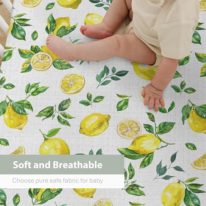 Watercolor Lemons Baby Crib Sheets for Boy Girl 28"x52" Retro Yellow Lemon Green Leaves Soft Snug Fitted Crib Mattress Cover Tropical Summer Fruits Baby Sheet for Standard Crib & Toddler Bed Mattress