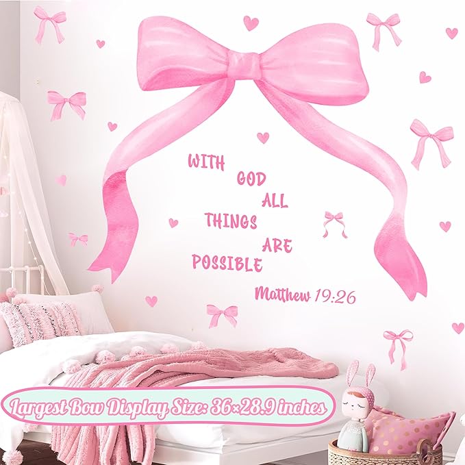 Large Watercolor Girls Room Wall Decals Pink Bow Wall Stickers Peel and Stick Pastel Pink Bow Decor for Baby Room Coquette Sticker Inspirational Quotes Vinyl Decal Art Mural for Nursery Kids Playroom