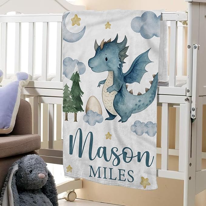 Personalized Baby Crib Bedding Set: 4 Piece Custom Gift Crib Bed Set with Name - Blue Dinosaur Design, Nursery Bedding Set for Baby Girls,Newborn Boys Girls Crib Sets, Crib Bedding Shower Gifts