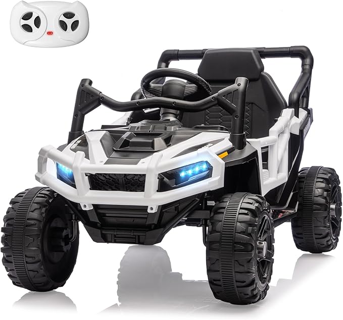 12V Kids Ride on Truck Car with Remote Control, Electric Off-Road UTV for Toddlers, Bluetooth Music, Suspension System Safety Belt, Electric Vehicles Gift for Boys & Girls-White