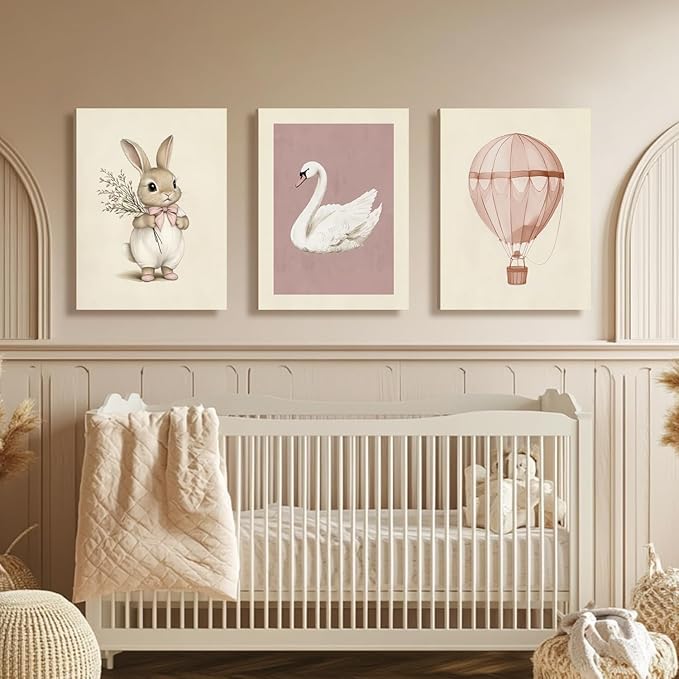 Hianan Pink Baby Girl Nursery Wall Decor Cute Bunny Wall Art Cozy Rabbit Canvas Artwork Elegant Swan Poster Prints Vintage Hot Air Balloon Painting Prints for Kid's Room Baby Room Framed 12"x16"x3