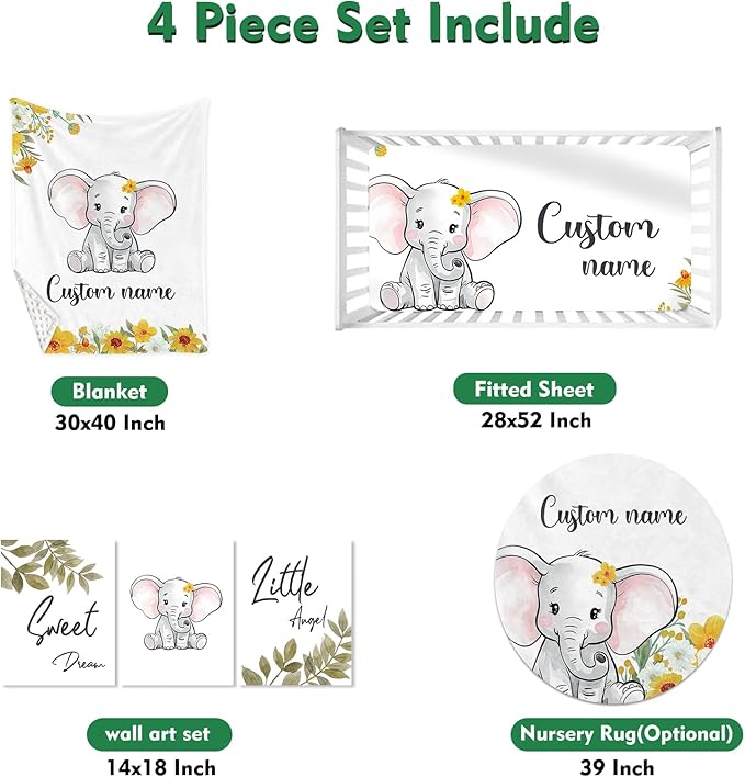 Personalized Baby Crib Bedding Set: 4 Piece Custom Yellow Floral Elephant Crib Bed Set with Name, Nursery Bedding Set for Baby Girls, Newborn Boys Crib Sets, Crib Bedding Custom Gift, Crib Sheet