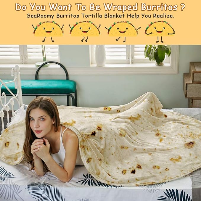 SeaRoomy Burritos Tortilla Throw Blanket, Tortilla Wrap Blanket, Novelty Funny Tortillas Round Giant Round Soft Blankets for Adults and Kids (Beige, 80 inches)