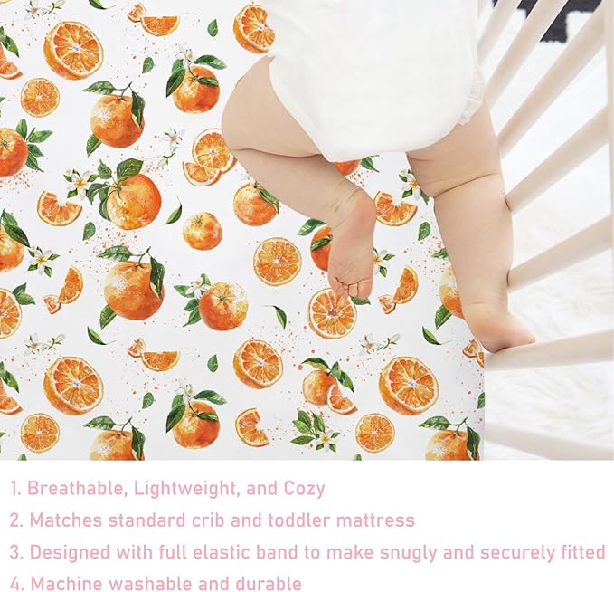 Watercolor Oranges Baby Crib Sheets 52''x28'' Retro Oranges Floral Leaves Stretchy Fitted Crib Mattress Cover for Boy Girl Boho Summer Fruits Soft Bed Sheets for Standard Crib Toddler Mattress