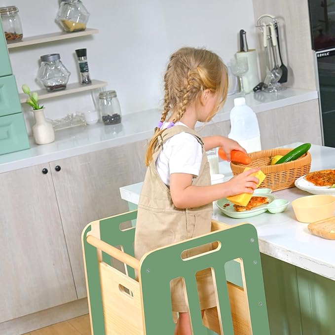 WINGYZ Toddler Tower – Adjustable Step Stool Helper for Kids 18M–6Y, Kitchen Learning Stool with Safety Rail, 3-Height Adjustable, Sliding Door, Full Support Foot, Wooden Updated Design, Green