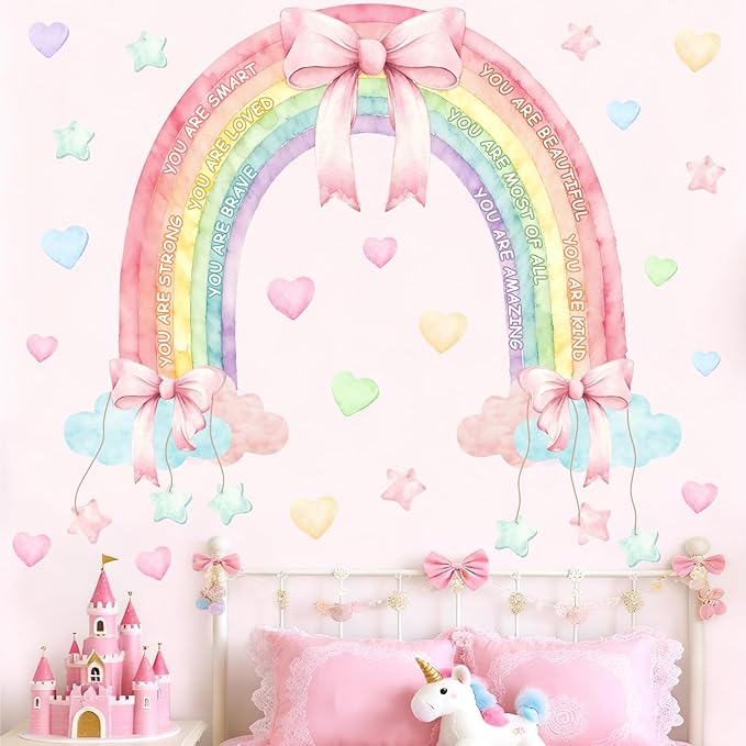 Large Watercolor Rainbow Wall Decals Pastel Pink Bow Wall Decor Kids Inspirational Vinyl Sticker Peel and Stick You are Loved Self-Affirmation Clouds Art Mural for Baby Girls Bedroom Nursery Playroom