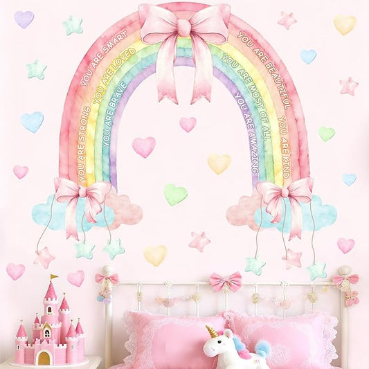 Large Watercolor Rainbow Wall Decals Pastel Pink Bow Wall Decor Kids Inspirational Vinyl Sticker Peel and Stick You are Loved Self-Affirmation Clouds Art Mural for Baby Girls Bedroom Nursery Playroom