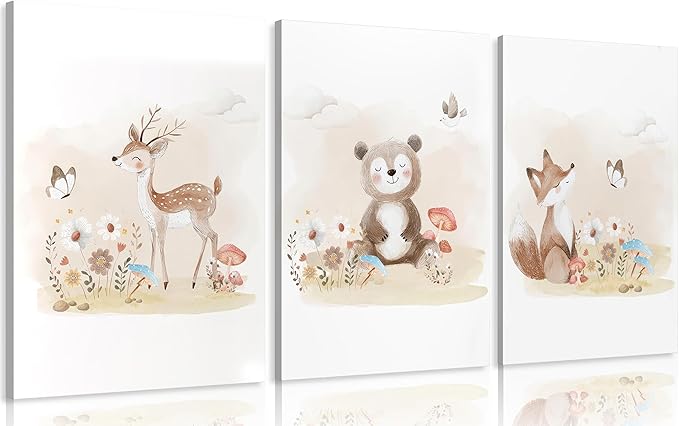 MIZILI Woodland Animal Nursery Canvas Wall Art Wild Watercolor Animals Paintings Pictures Wall Decor Fox Bear Deer Poster Printing Artwork for Boys Room Girls Room Home Decoration