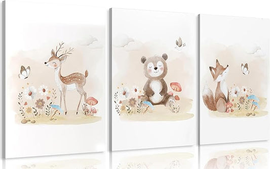 MIZILI Woodland Animal Nursery Canvas Wall Art Wild Watercolor Animals Paintings Pictures Wall Decor Fox Bear Deer Poster Printing Artwork for Boys Room Girls Room Home Decoration