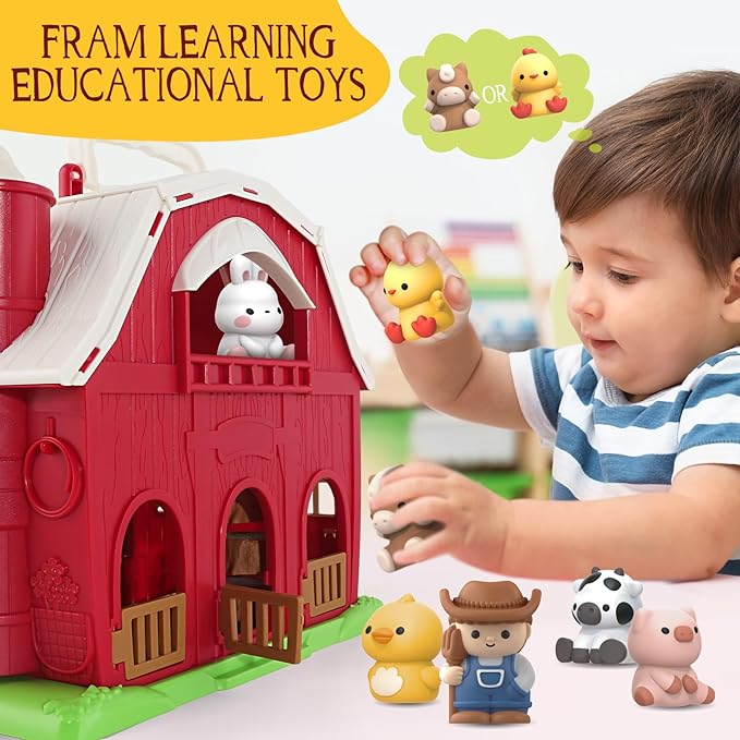Toys for 1 2 3 Years Old Boys and Girls, Big Barn Playset with Farm Animal, Preschool Montessori Toy, Farm Playset with Big Red Barn & Farmer, Christmas & Birthday Gift Toy for Kids
