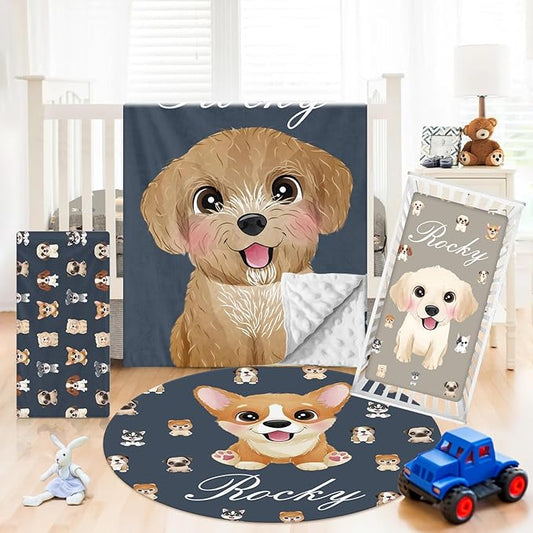 Personalized Crib Bedding Set - 4 Piece Custom Gift Black Dogs Crib Bed Set with Name, Soft Double Layer Blanket Set for Infant Baby Girl, Nursery Bedding Set for Toddler Boys