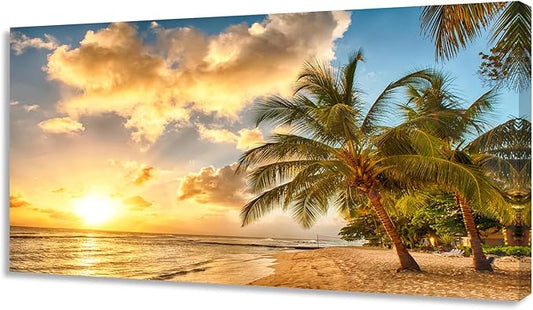 KUNHAAH Wall Art Canvas Painting Golden Ocean Beach Palm Tree 1 Piece Sunset See Coconut Trees Landscape Picture Poster Print Framed and Stretched Ready to Hang for Living Room Bedroom Office Artwork