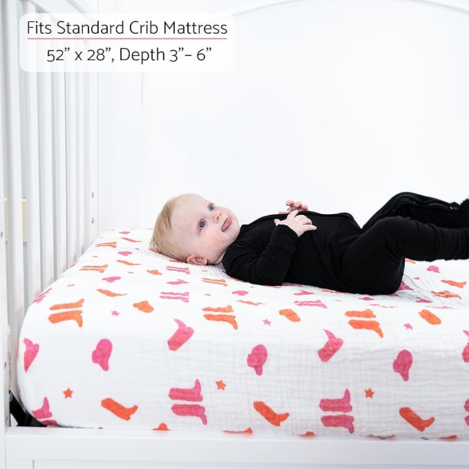 LollyBanks Fitted Crib Sheets for Girls, Soft 100% Cotton Western Baby Girl Sheet, Fits Standard Size Mattress 28 in x 52 in, Breathable Muslin Crib Sheet 1 Pack (Western Boot Print)