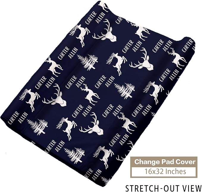 Custom Name Crib Bedding Set 3-Piece – Navy Deer Design Baby Bedding Set with Personalized Soft Blanket, Fitted Sheet, Changing Pad Cover – Ideal Newborn Gift for Boys and Girls