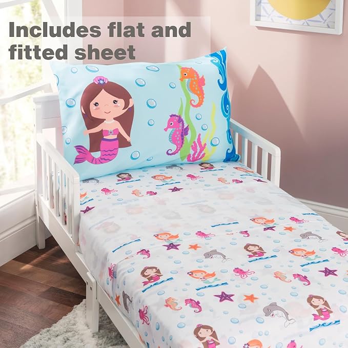 EVERYDAY KIDS 4 Piece Toddler Bedding Set -Undersea Mermaids Adventure- Includes Comforter, Flat Sheet, Fitted Sheet and Reversible Pillowcase