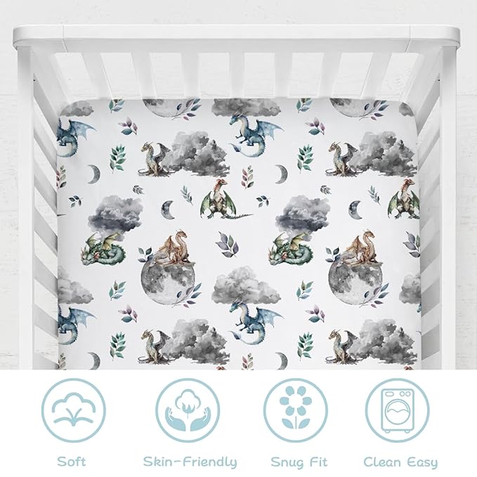 Watercolor Dragons Fairytale Baby Crib Sheets - 52''x28'' Dragon Wings Leaves Moon Clouds Stretchy Fitted Mattress Cover for Boy & Girl - Soft Nursery Bed Sheets for Standard & Toddler Mattress