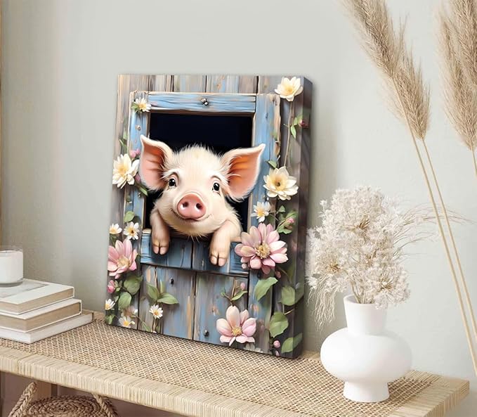 LNLAGBO Farm Animals Canvas Wall Art,Funny Pig Canvas Wall Art Print,Rustic Farmhouse Piggy Looking Over Wooden Fence Picture Prints for Bathroom Bedroom Living Room Decor-12 x16