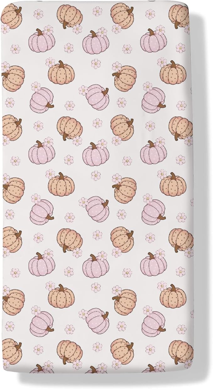 Fall Pumpkin Boho Flower Baby Crib Sheets Autumn Thanksgiving Harvest Baby Sheet Fitted Crib Mattress Cover Pastel Pumpkins Floral Standard Toddler Mattress 52''x28''