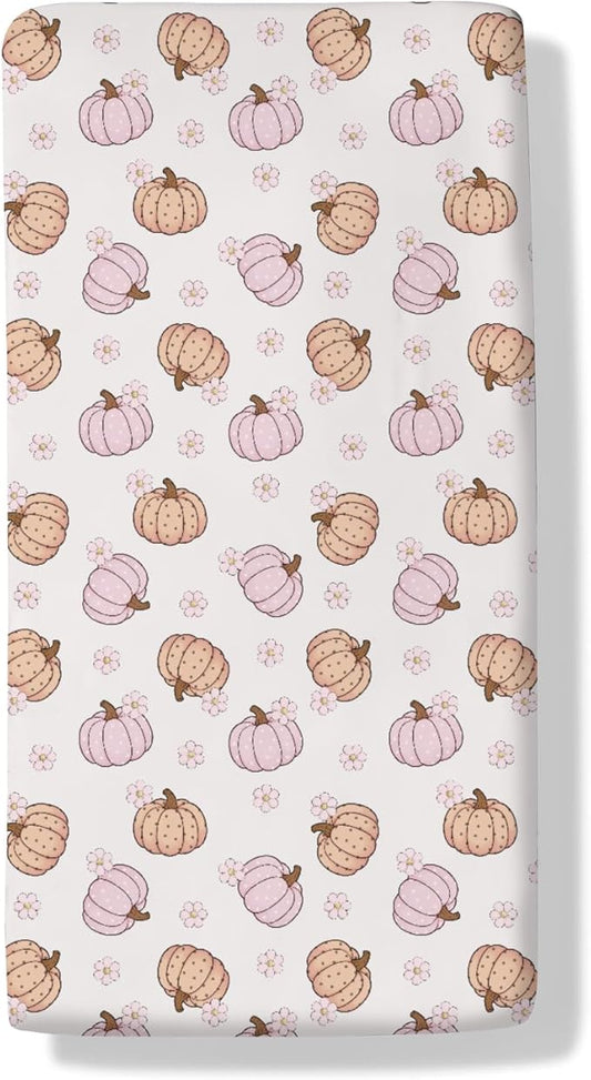 Fall Pumpkin Boho Flower Baby Crib Sheets Autumn Thanksgiving Harvest Baby Sheet Fitted Crib Mattress Cover Pastel Pumpkins Floral Standard Toddler Mattress 52''x28''