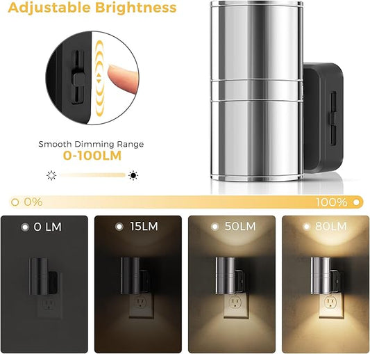L LOHAS LED Night Light, Night Lights Plug into Wall, 1-Pack, Smooth Silver Glossy Plating Metal-Shade Nightlight, Light Sensor, Soft White 3000K, Dimmable Night Light Plug in for Hallway Bedroom