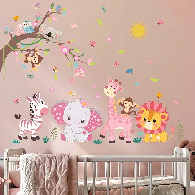 Amimagen Pink Forest Baby Animals Wall Decals - Elephant Lion Giraffe Monkey Zebra Wall Stickers - Nursery Kids Girls Boys Room Daycare Playroom Classroom Wall Decor