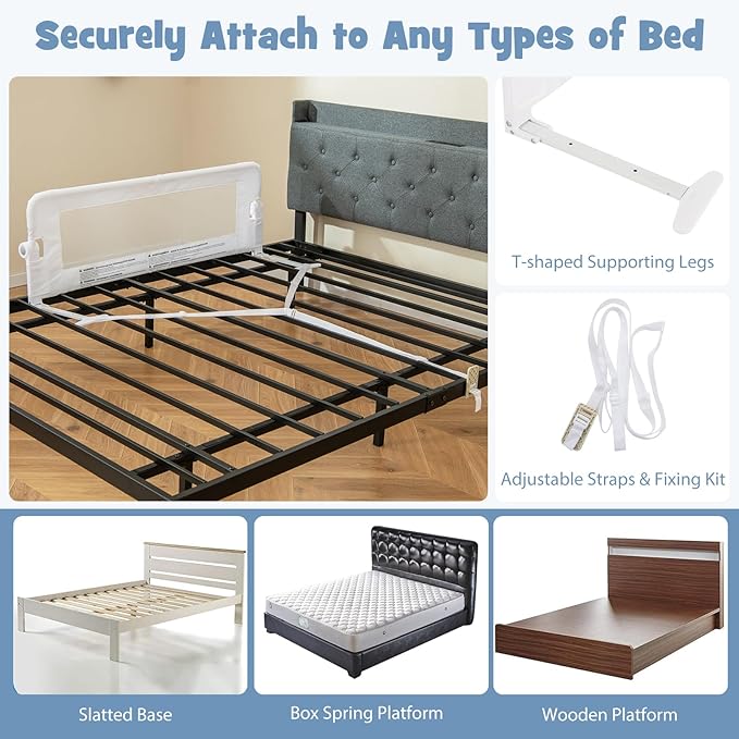 BABY JOY Double Sided Bed Rail Guard, 2 Pack, Extra Long, Swing Down for Convertible Crib, Folding Baby Safety Bedrail for Kids Twin Full Size Queen King Mattress, Rails for Toddlers (White, 48")