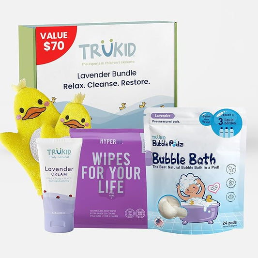 TruKid Bath Baby Essentials, Kids Skincare Set, Toddler Bubble Bath, Lavender Lotion and Body Wipes, Baby Shower Gift Set