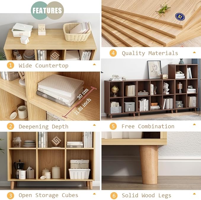 IOTXY Open Cube Low Bookcase - 3-Tier Freestanding Storage Display Cabinet Organizer with Legs for Home Office, 8-Cubes Open Shelf Short Bookshelf, Walnut