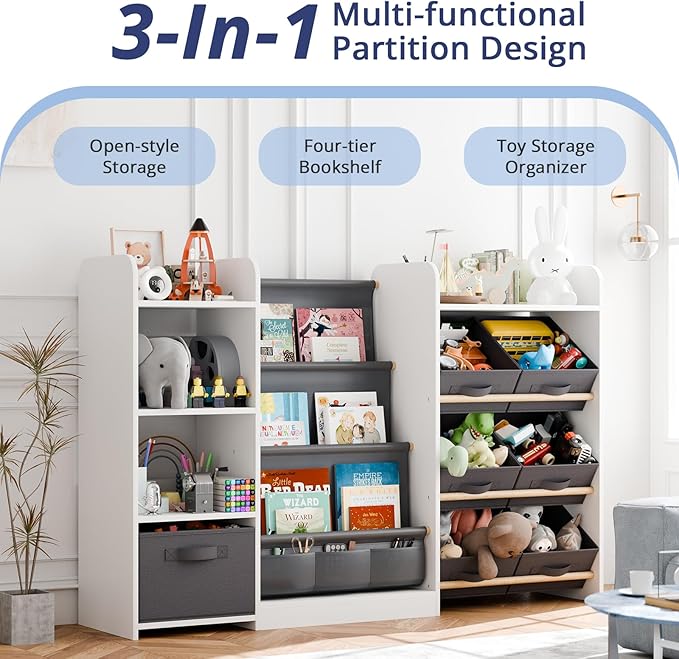 IKALIFE Kids Toy Book Storage Organizer - Large Bookshelf with 7 Removable Bins, Baby Bookshelf and Toy Storage, 4-Tier Book Shelf for Kids Room, Playroom, Classroom, 51 inch, White