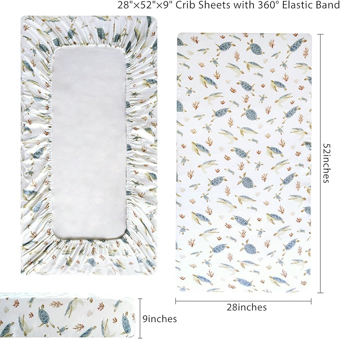 LifeTree Crib Sheets for Baby Unisex - Muslin Fitted Crib Sheets Toddler Bed Sheet, 70% Viscose from Bamboo and 30% Cotton, Fits Standard Crib, Sea Turtle, 28in x 52in