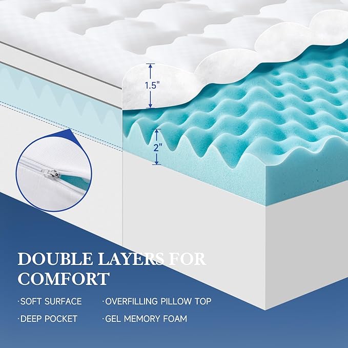 Choc chick 3.5 Inch Memory Foam Mattress Topper Queen, Dual Layer 2 Inch Gel Egg Crate Memory Foam Plus 1.5 Inch Down Alternative Pillow Top Mattress Pad, Support for Back Pain