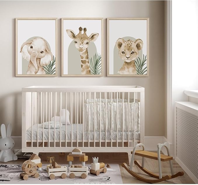 Animal Wall Art Pictures Baby Nursery Canvas Wall Art Decor Safari Animal Prints Jungle kids Wall Art Woodland Nursery Wall Decor Giraffe Jungle Poster for Room 12x16 Inch Wood Framed Set of 3