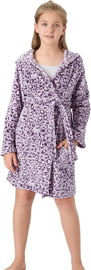 Topgal Leopard Cat Robe for Girls Fleece Toddler Kids Teen Hooded Bathrobe Size 4T-18