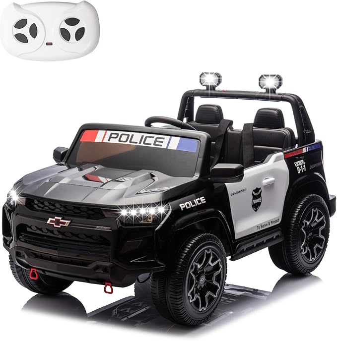 FINITO 24V Ride on Electric Licensed Chevrolet Colorado 2025, Police Car Paint, Dual Drive Mode, LED Light, Truck Storage, Bluetooth Music Player, Gift for Boys and Girls, for 3+ Kids (Police Black)