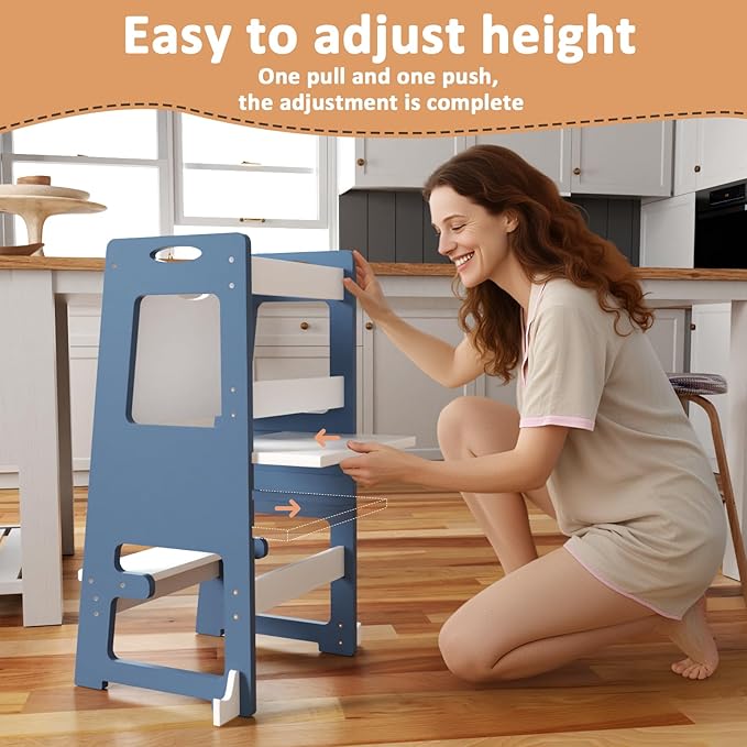 Kitchen Step Stool, Standing Tower for Kids, Adjustable Height Toddler Kitchen Tower with Anti-Slip Design & Safety Rails, Toddler Standing Step Stool with Wide Stable Base-Blue