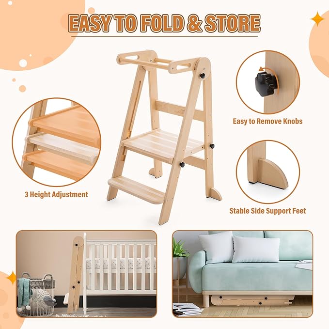 Gewitt Foldable Toddler Tower - Kitchen Step Stool Helper for Kids 1-6 Years, Montessori Toddler Standing Tower with 3 Adjustable Height for Kitchen Counter Bathroom