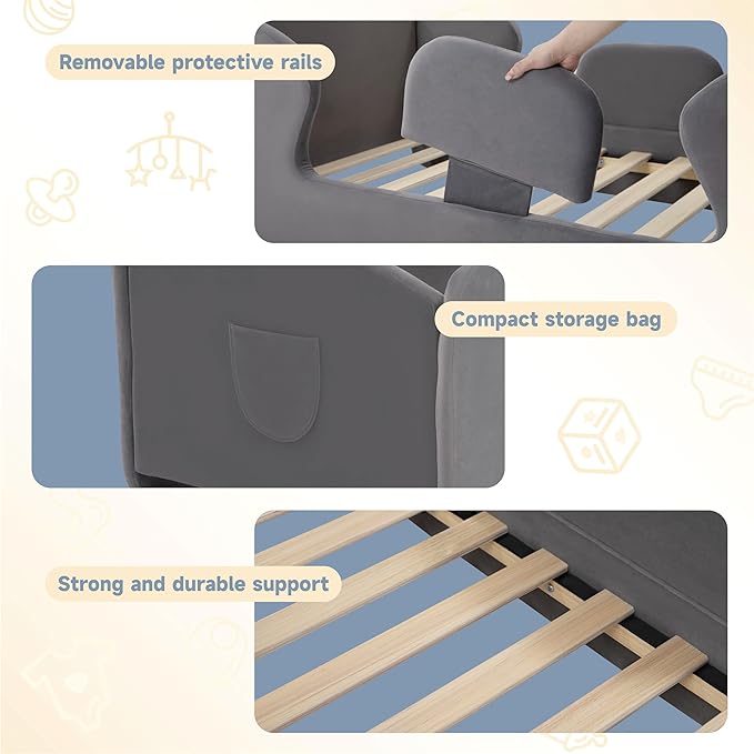 Toddler Floor Bed Frame with Removable Safety Rails and Storage Bag, Kids Bed for Girl and Boys, Standard Crib Size Portable Beds, Safety Upholstered Child Beds, Low to Floor Design